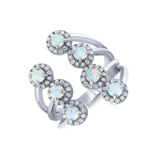 Silver 925 Rhodium Plated Seven Cubic Zirconia & Opal Ring. BR14577OPL