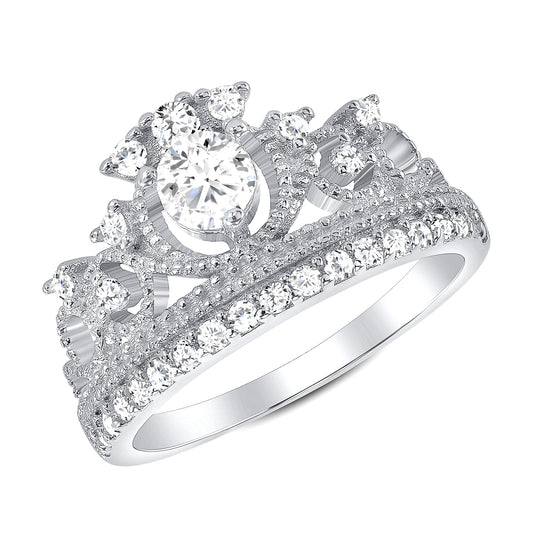 Silver 925 Rhodium Plated Cubic Zirconia Crown Ring. BR14601