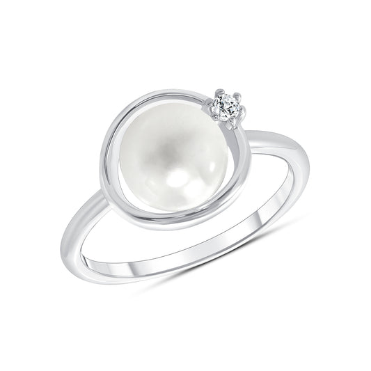 Silver 925 Rhodium Plated Plain Pearl & Solitaire Ring. BR14798