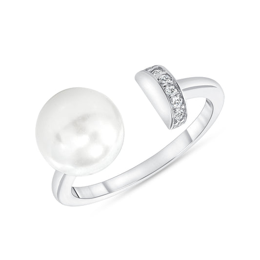 Silver 925 Rhodium Plated Cubic Zirconia Endless Pearl Ring. BR14899