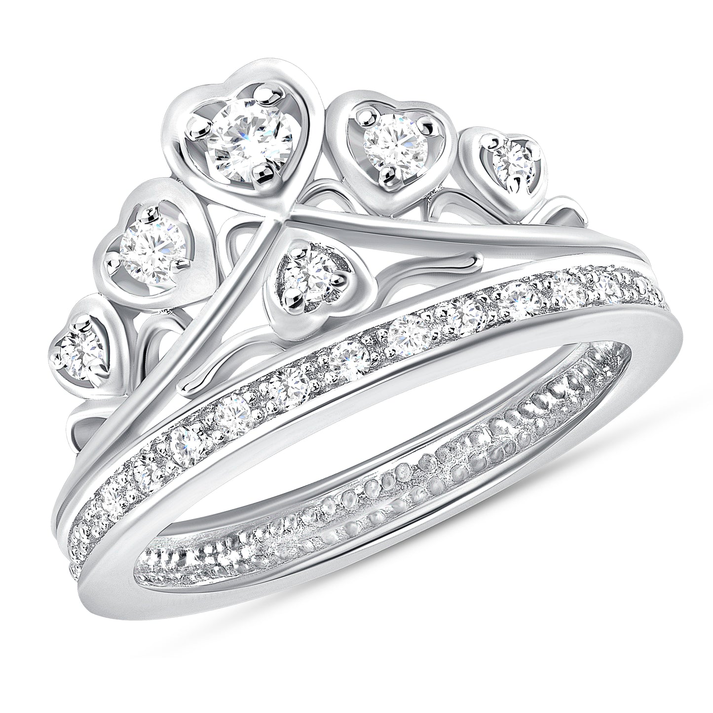 BR5975. Silver 925 Rhodium Plated Cubic Zirconia Multiple Hearts Crown Ring