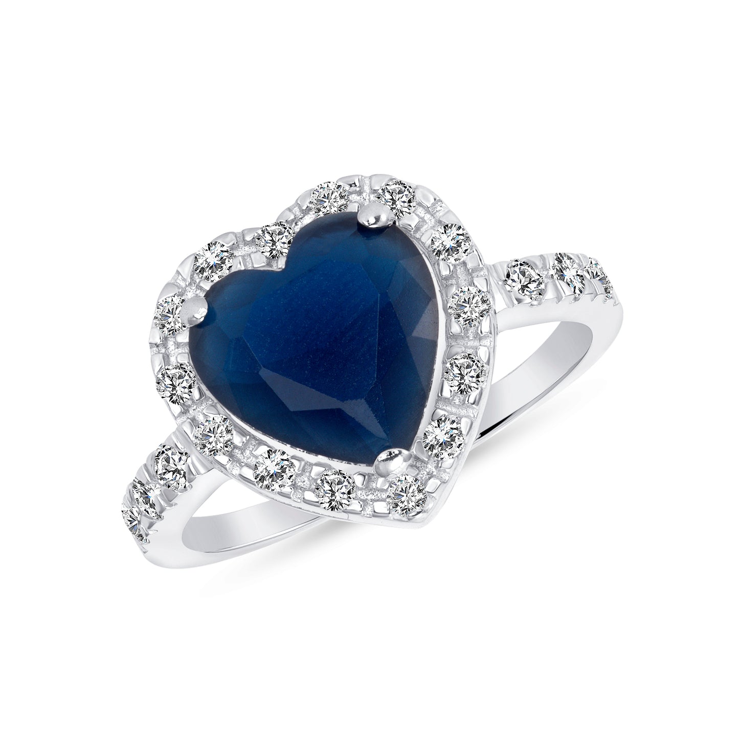 Silver 925 Rhodium Plated Blue Cubic Zirconia Heart Ring. BR7421BLU