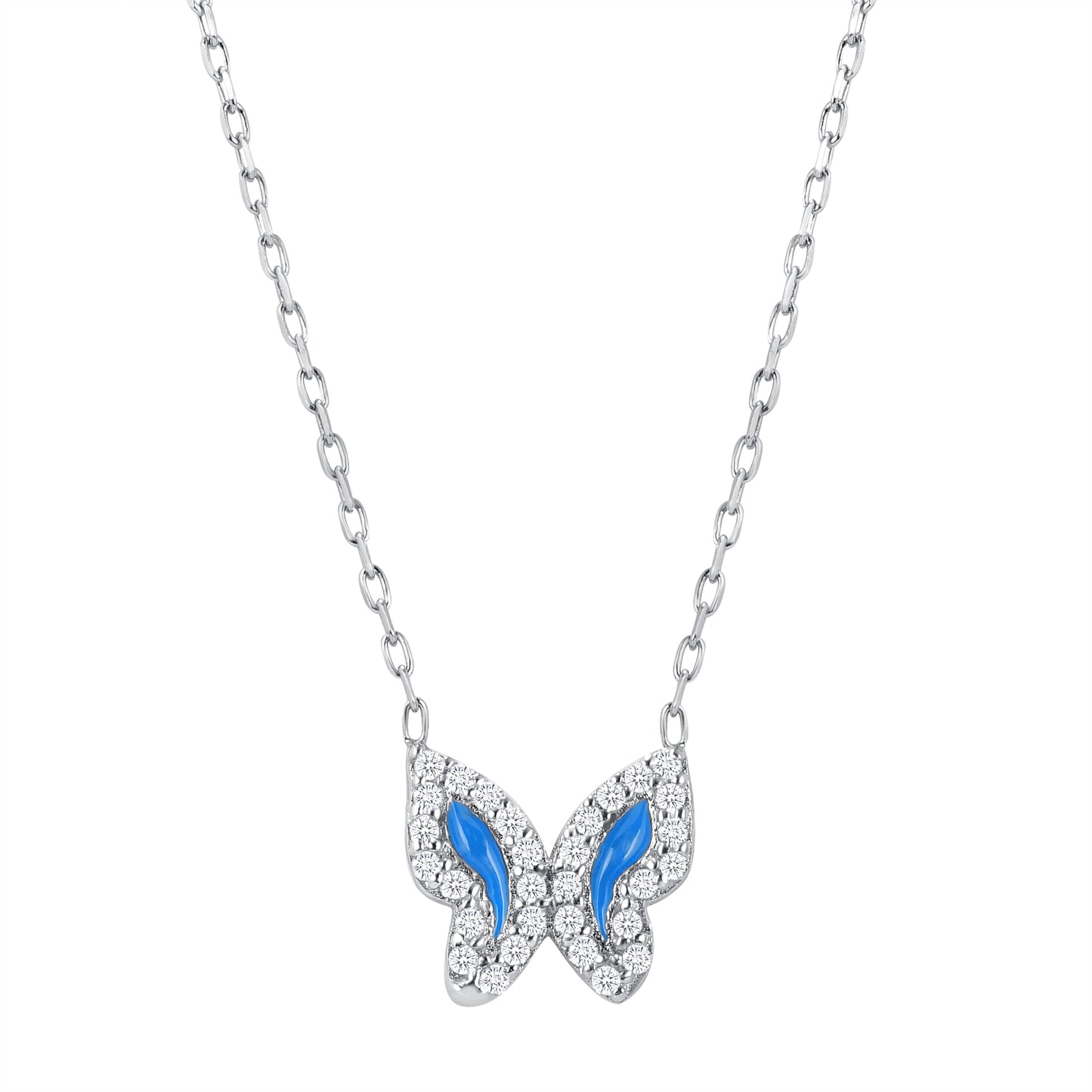 Silver 925 Small Cubic Zirconia Butterfly w/ Blue Necklace. CZ0175
