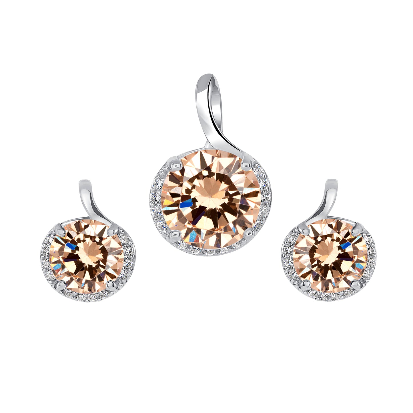 Silver 925 Rhodium Plated Round Champagne Cubic Zirconia Stone Set. DS00001CHP