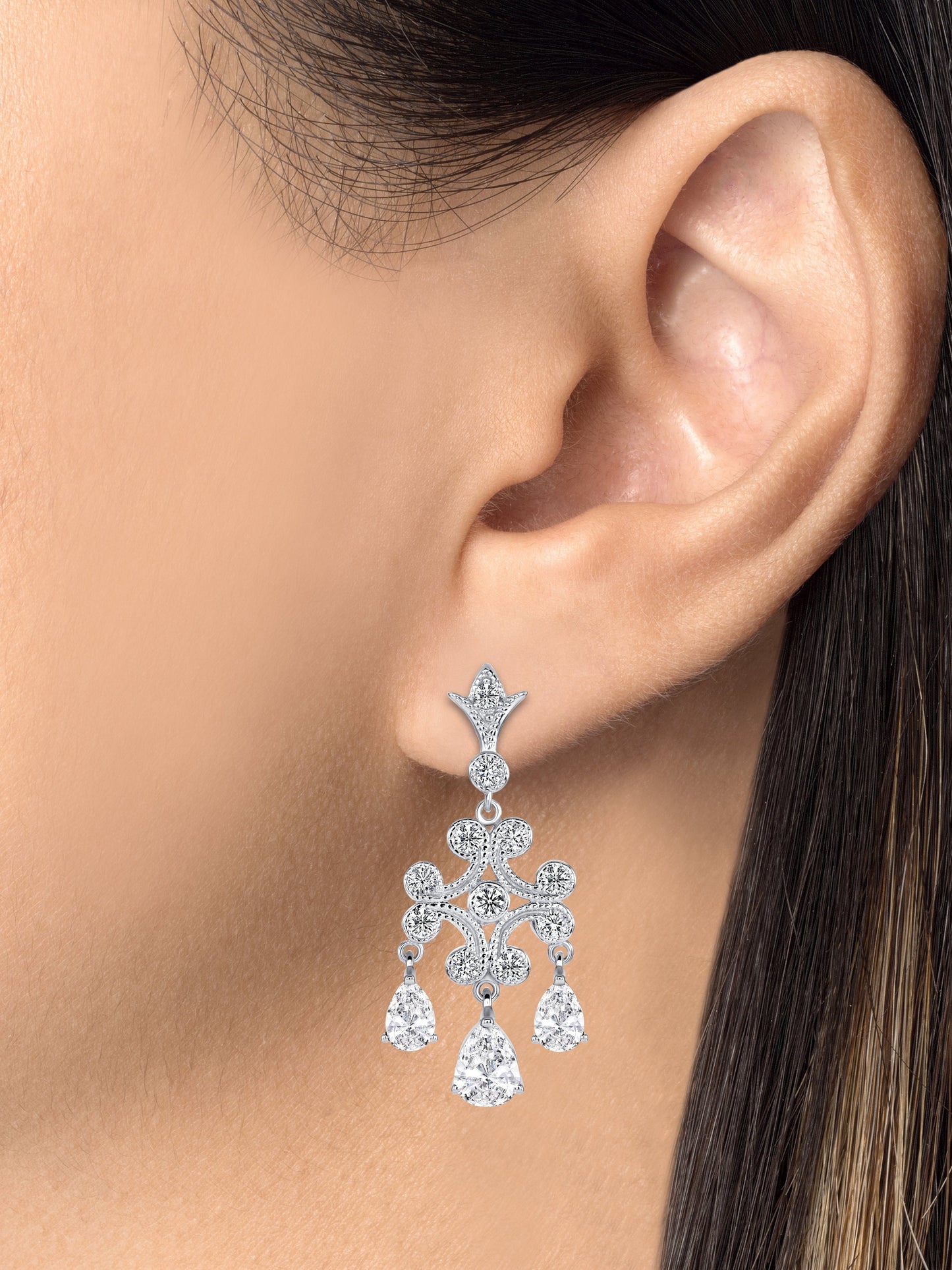 Silver 925 Rhodium Plated Cubic Zirconia Clear Chandelier Earrings. DFE0395CLR