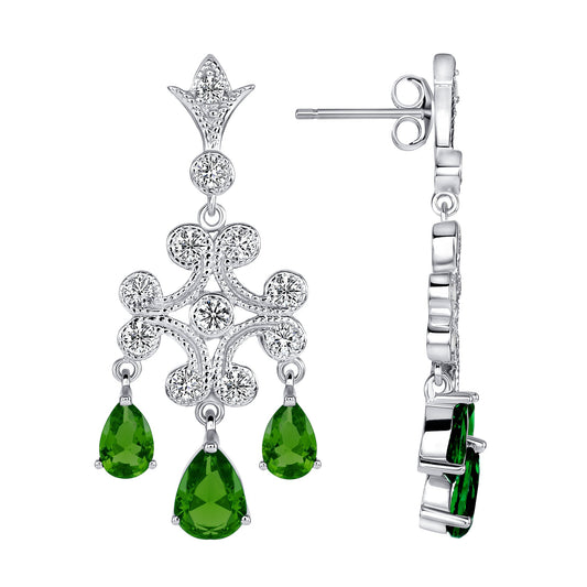 Silver 925 Rhodium Plated Cubic Zirconia Green Chandelier Earrings. DFE0395GRN