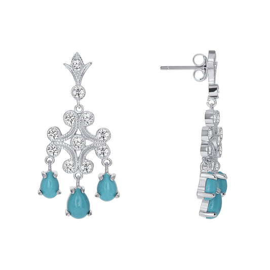 Silver 925 Rhodium Plated Cubic Zirconia Turquoise Chandelier Earrings. DFE0395TQ