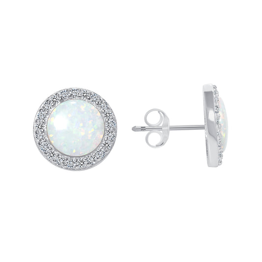 Silver 925 Rhodium Plated Cubic Zirconia Round White Opal Earrings. DFE2480WOPL