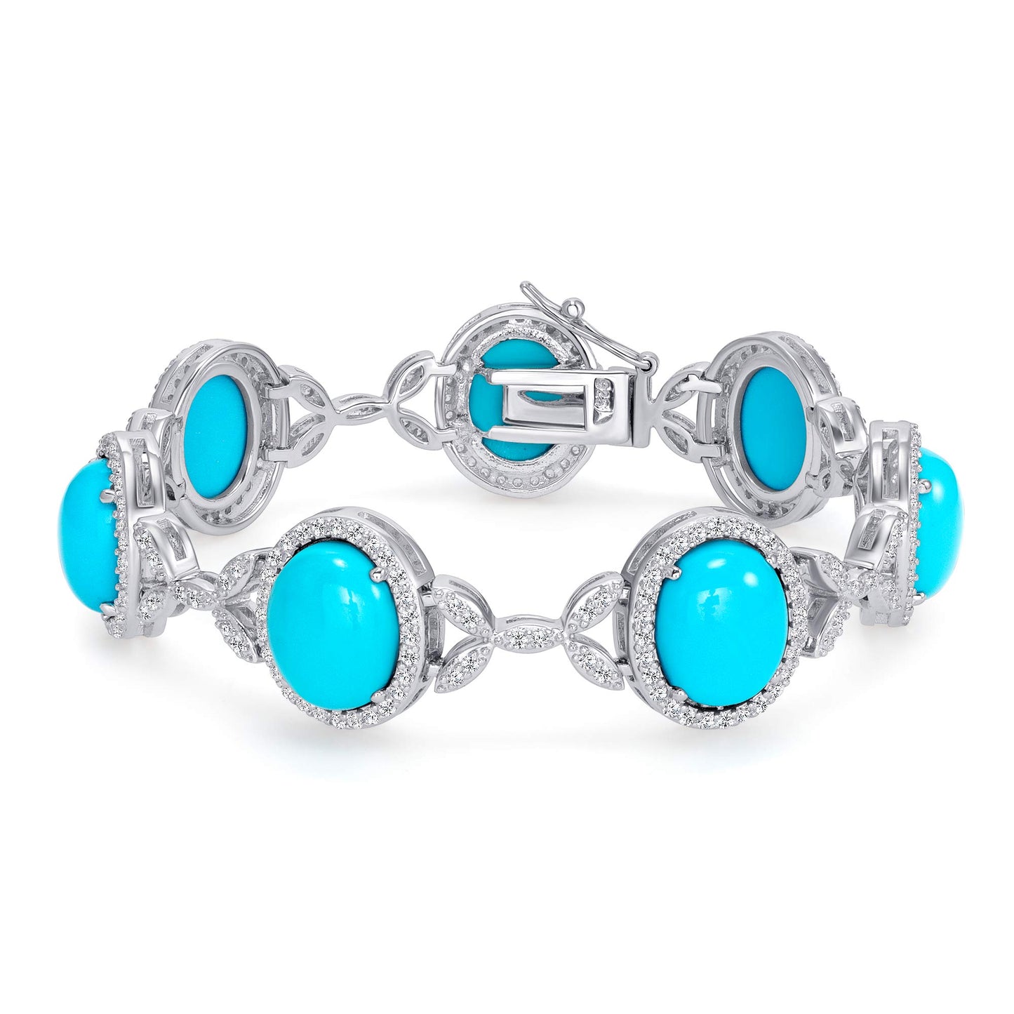 Silver 925 Rhodium Plated Oval Shaped Lab Turquoise Cubic Zirconia Bracelet. DGB0401TQ