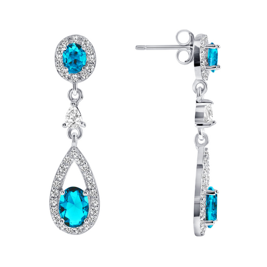 Silver 925 Rhodium Plated Dangling Aqua Cubic Zirconia Earrings. DGE1008AQ