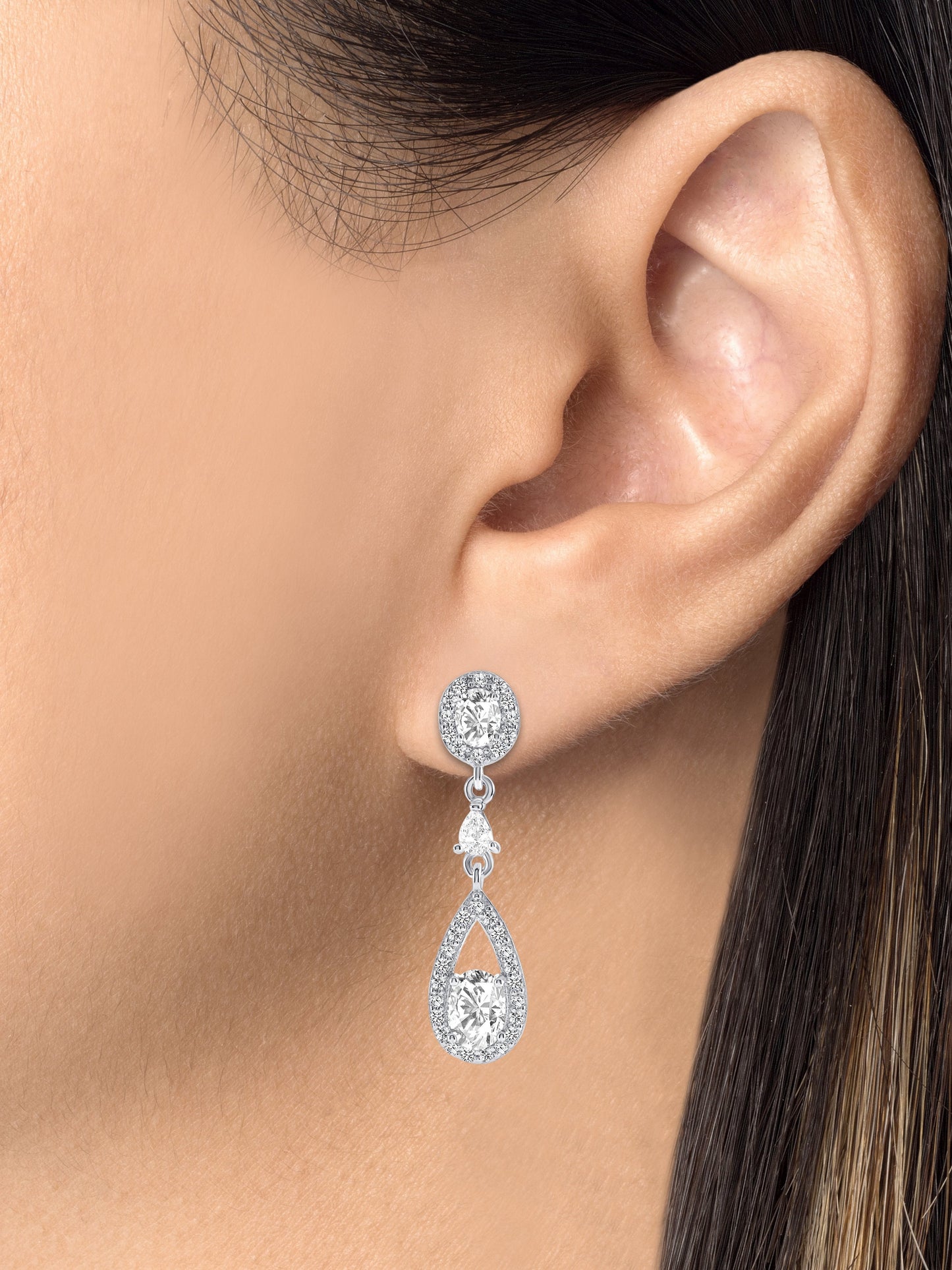 Silver 925 Rhodium Plated Dangling Clear Cubic Zirconia Earrings. DGE1008CLR