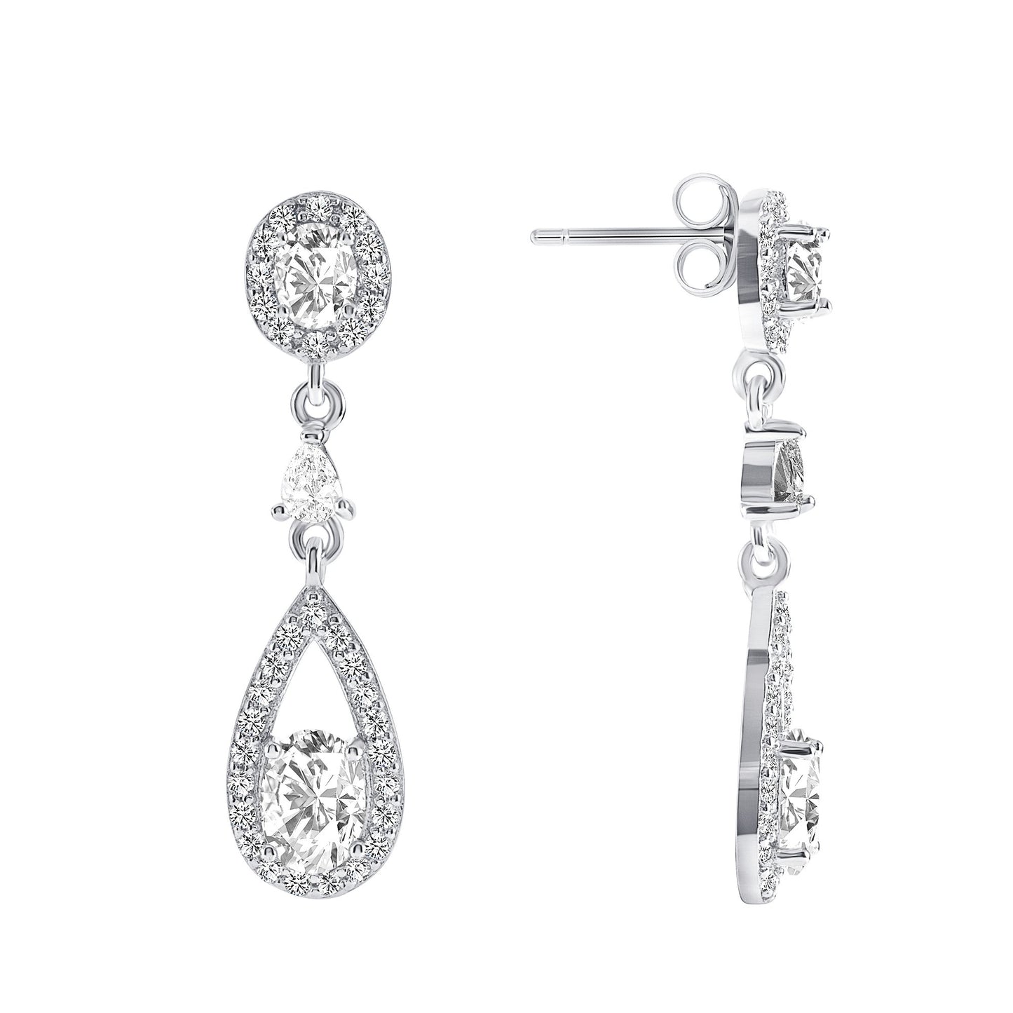 Silver 925 Rhodium Plated Dangling Clear Cubic Zirconia Earrings. DGE1008CLR