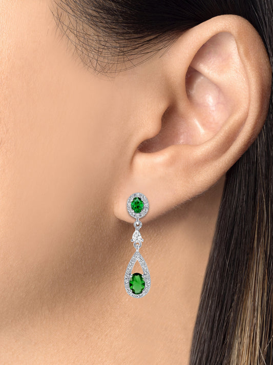 Silver 925 Rhodium Plated Dangling Green Cubic Zirconia Earrings. DGE1008GRN