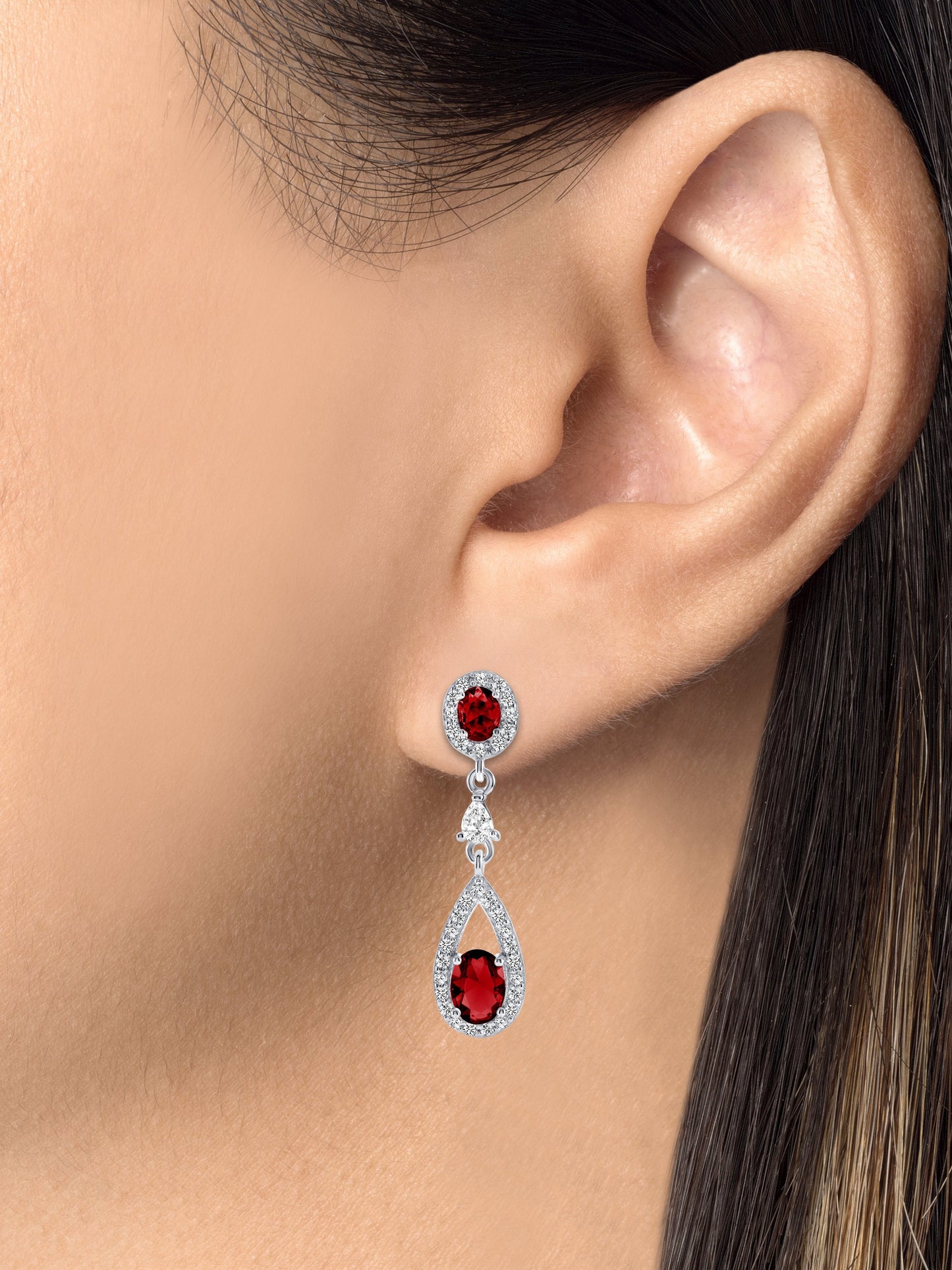 Silver 925 Rhodium Plated Dangling Red Cubic Zirconia Earrings. DGE1008RED