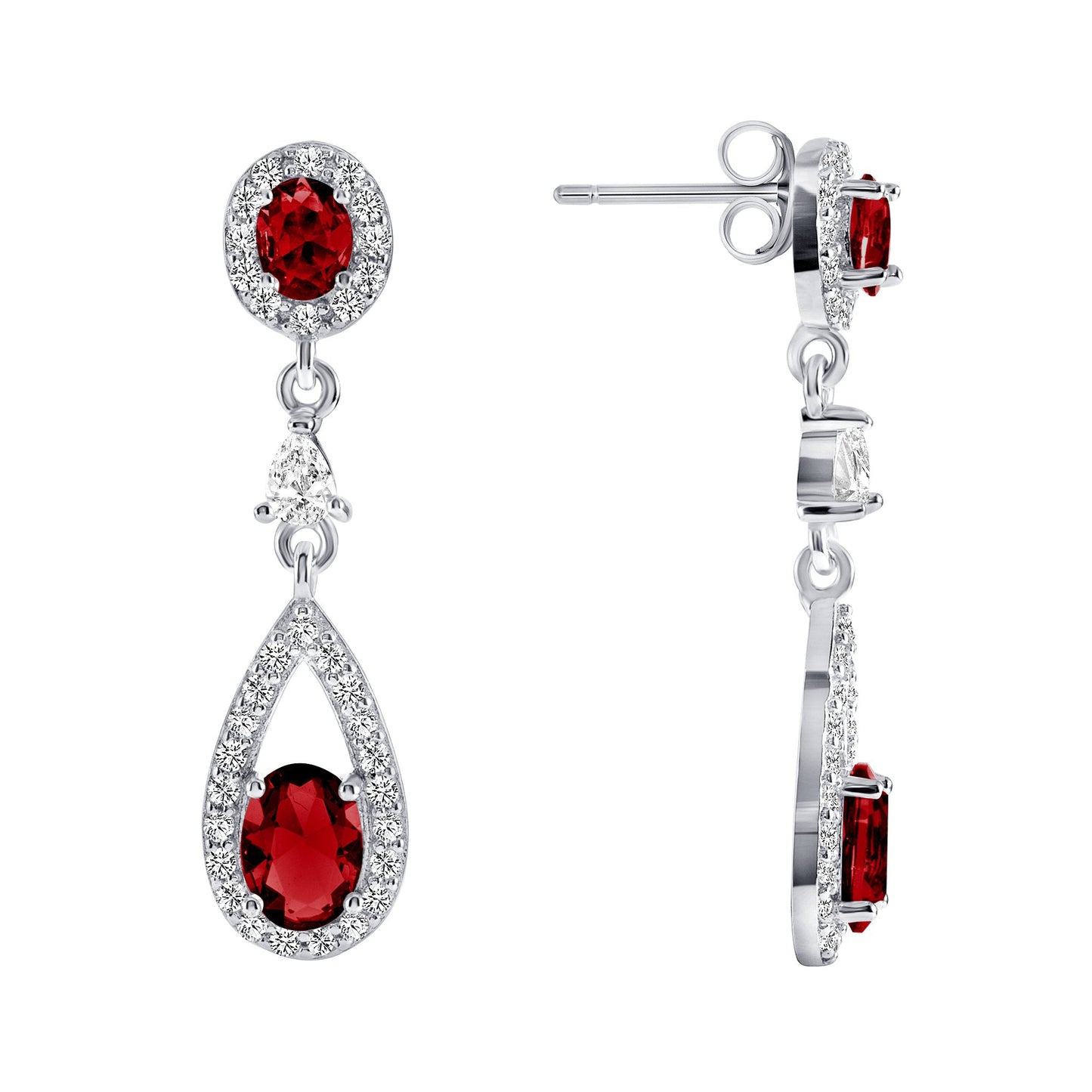 Silver 925 Rhodium Plated Dangling Red Cubic Zirconia Earrings. DGE1008RED