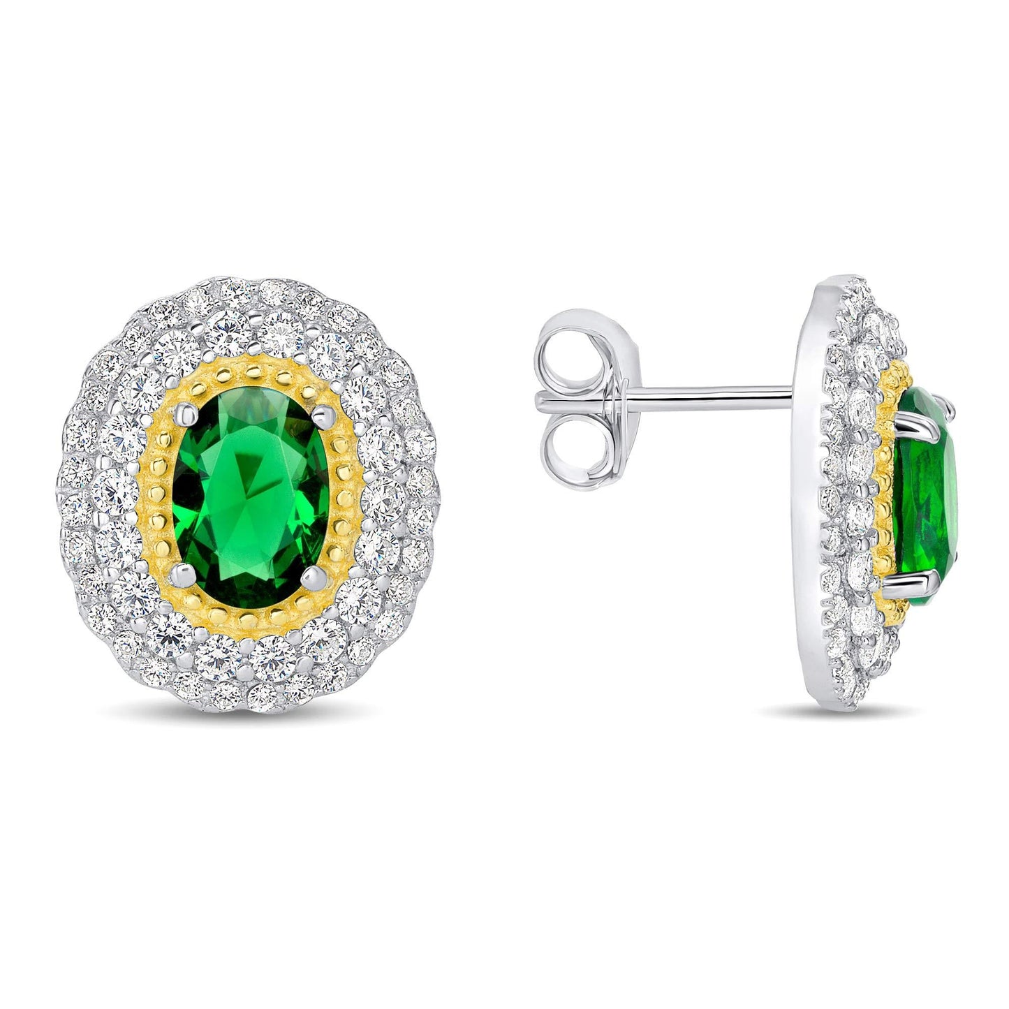 Silver 925 Rhodium Plated Green Emerald Cubic Zirconia Earrings. DGE1606GRN
