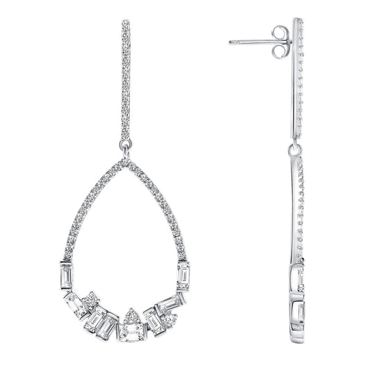 Sterling Silver Dangling Multi Pave Hoop Earrings