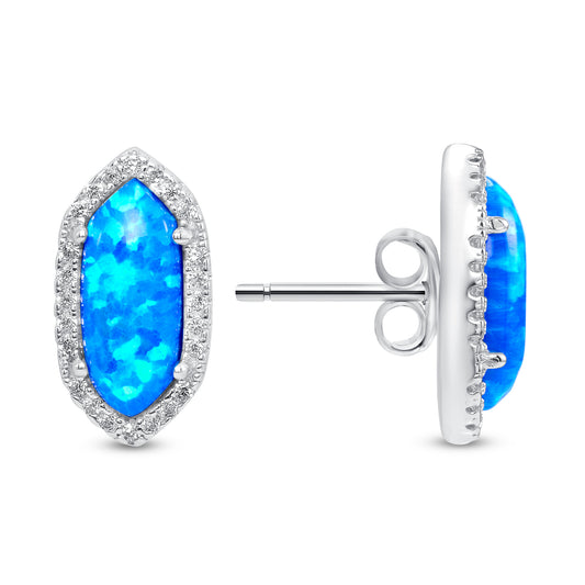 Silver 925 Rhodium Plated Navette Shaped Blue Opal Cubic Zirconia Stud Earring. DGE2002BOPL