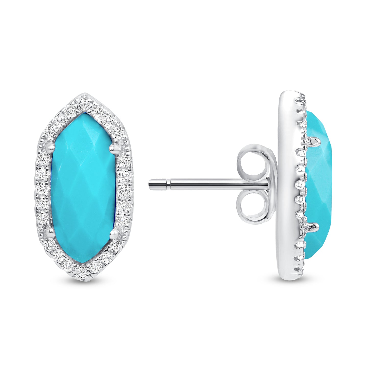 Silver 925 Rhodium Plated Navette Shaped Turquoise Cubic Zirconia Stud Earring. DGE2002TQ