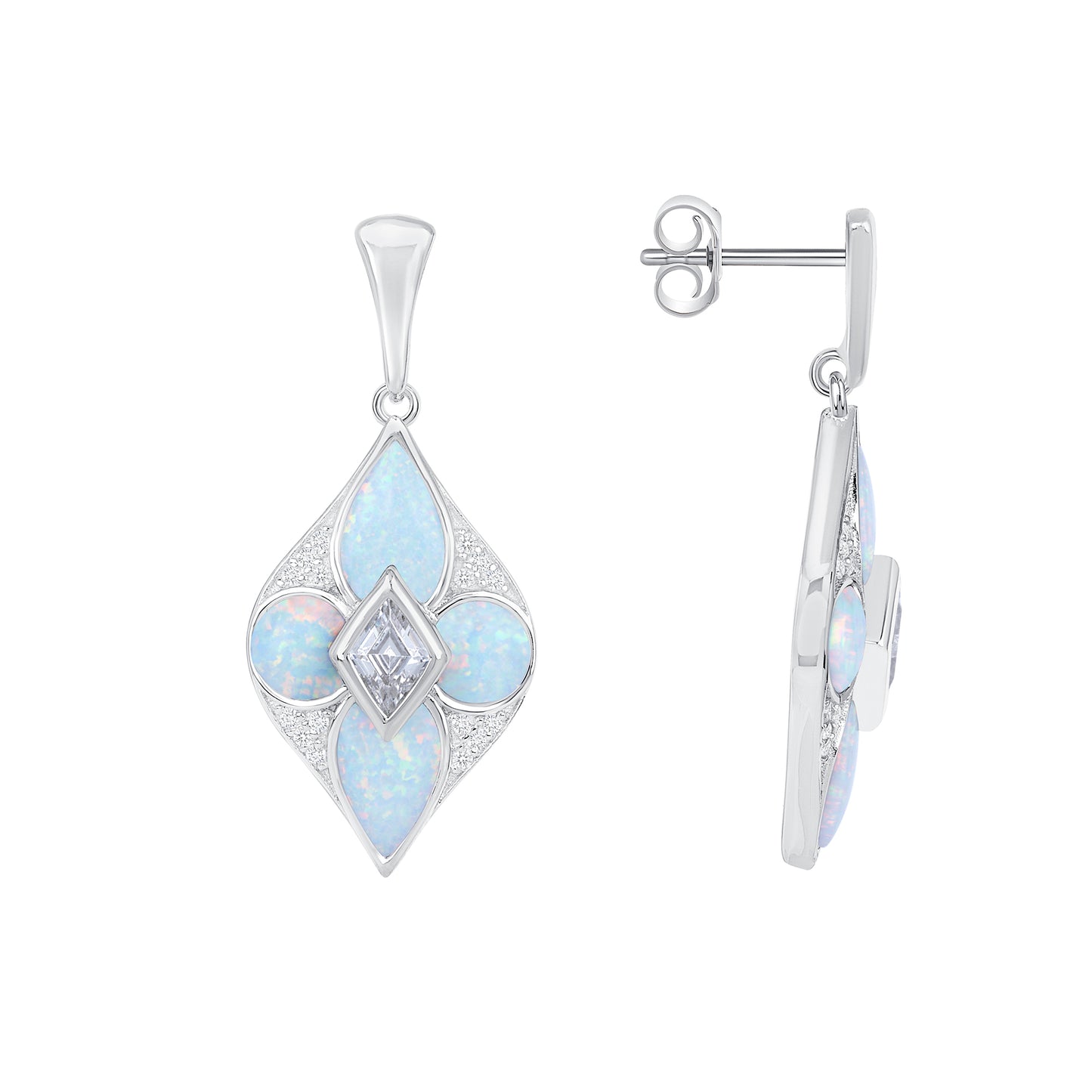 Silver 925 Rhodium Plated Dangling White Opal with Cubic Zirconia Earring. DGE2021