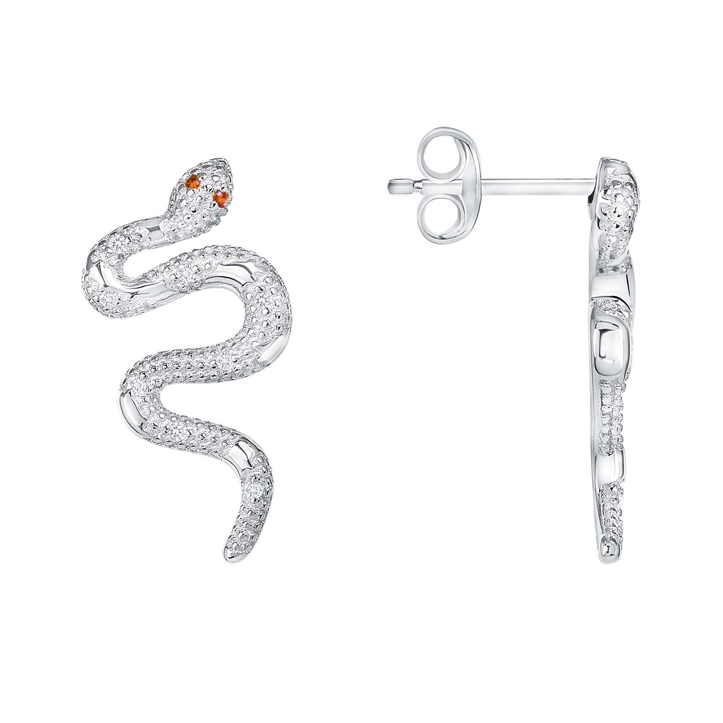 Silver 925 Rhodium Plated Cubic Zirconia Red Eye Snake Earring. DGE2242