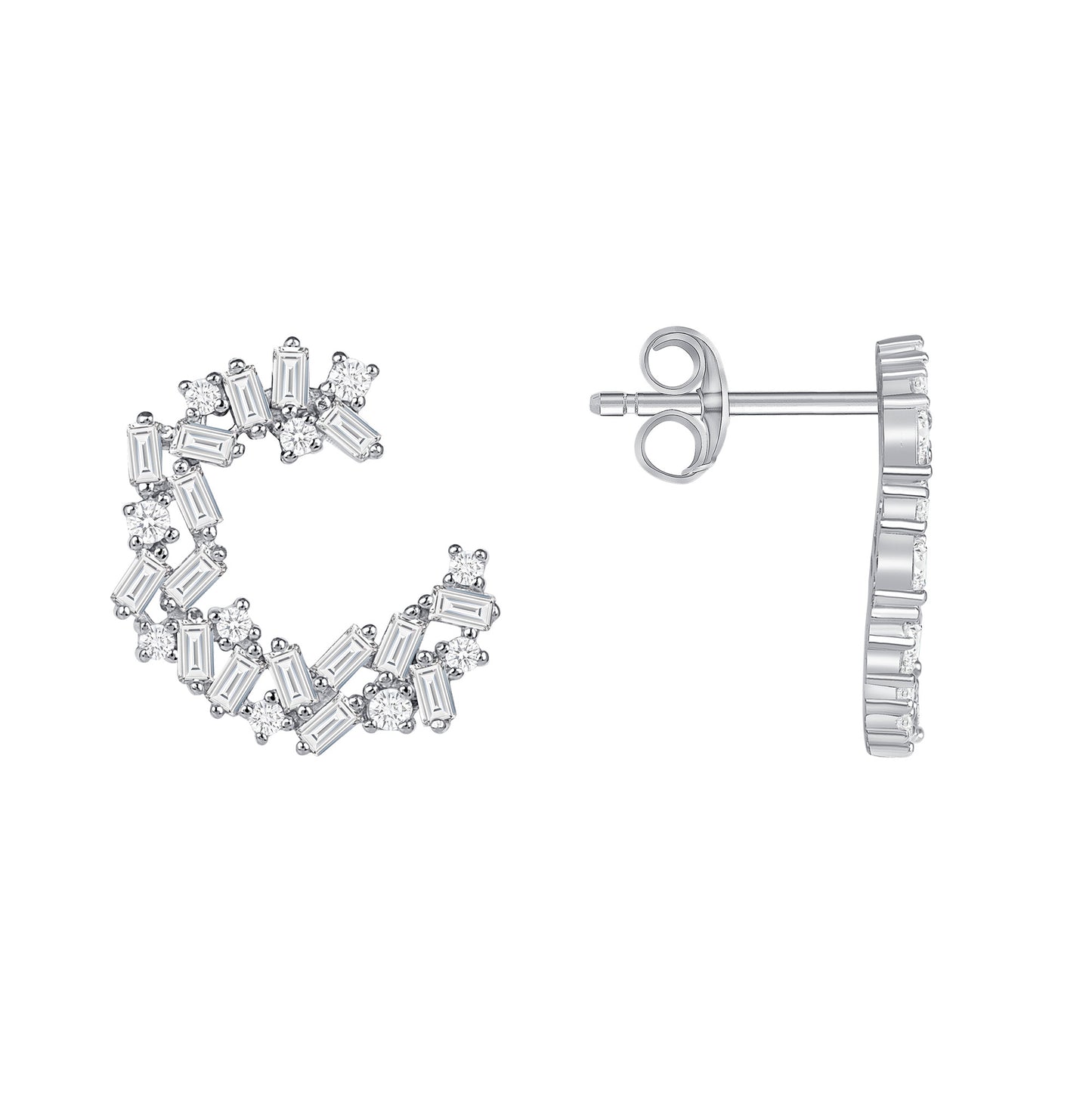 DGE2254. Silver 925 Rhodium Plated Cubic Zirconia and Baguette Shaped Earring