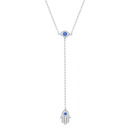Silver 925 Rhodium Plated Cubic Zirconia Bar Double Strand Hamsa Eye Necklace. DGN0961RHD
