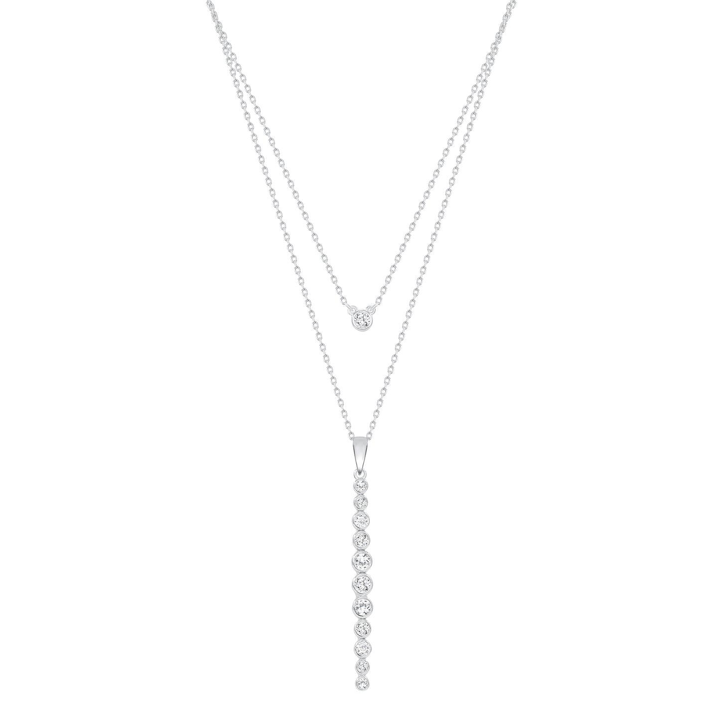 Silver 925 Rhodium Plated Bezel & Cubic Zirconia Bar Double Strand Drop Bar Necklace. DGN0997RHD