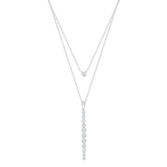 Silver 925 Rhodium Plated Bezel & Cubic Zirconia Bar Double Strand Drop Bar Necklace. DGN0997RHD
