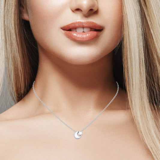 Silver 925 Rhodium Plated Moon & Star Necklace. DGN1144
