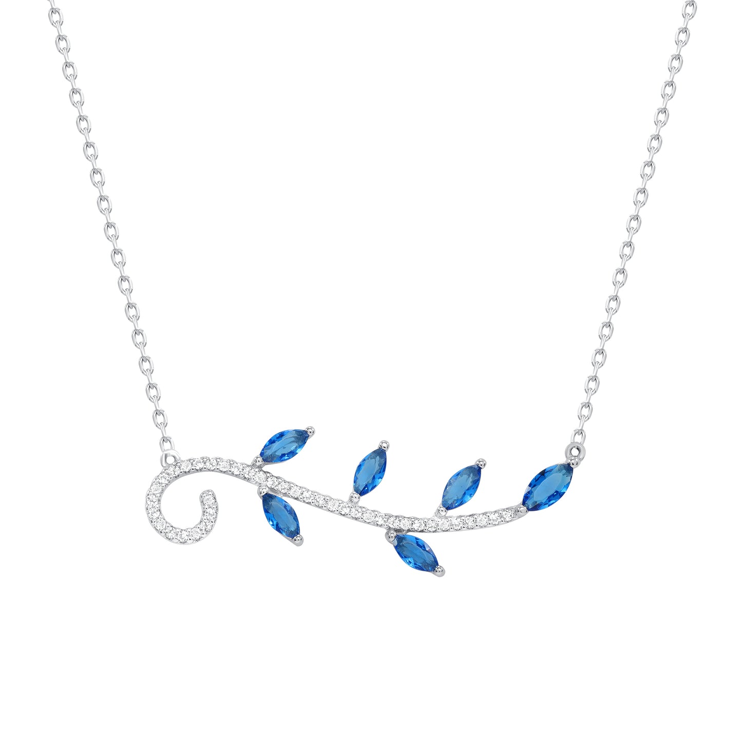 DGN1147BLU. Silver 925 Rhodium Plated Blue Cubic Zirconia Branch w/ Leaves Cubic Zirconia Necklace
