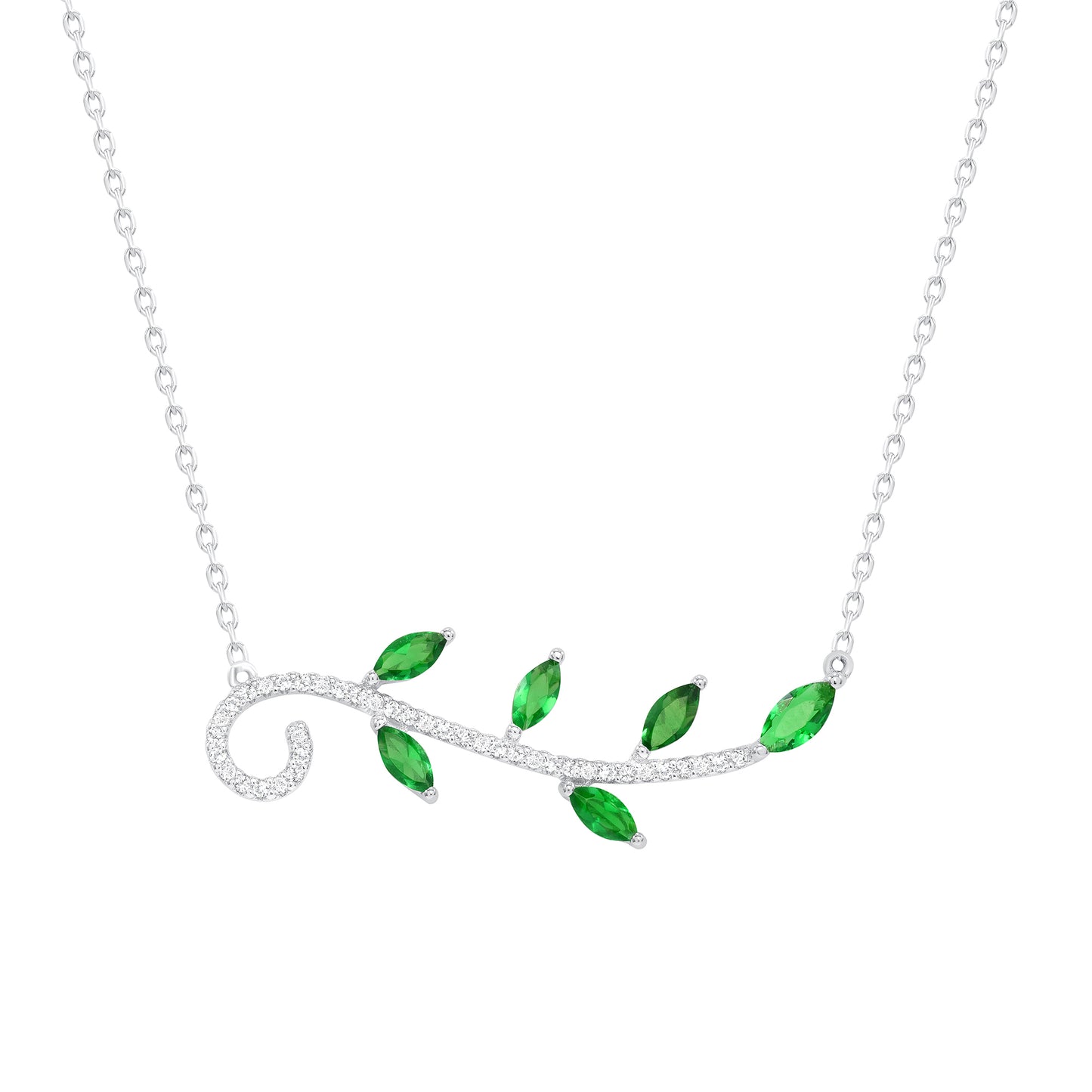 DGN1147GRN. Silver 925 Rhodium Plated Green Cubic Zirconia Branch w/ Leaves Cubic Zirconia Necklace