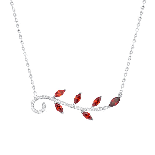 DGN1147RED. Silver 925 Rhodium Plated Red Cubic Zirconia Branch w/ Leaves Cubic Zirconia Necklace