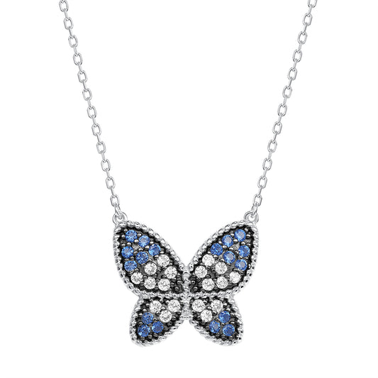 DGN1201. Silver 925 Rhodium Plated Blue Cubic Zirconia Butterfly Necklace