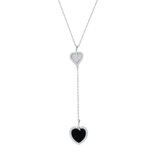 Silver 925 Cubic Zirconia Dangle Onyx Heart Necklace. DGN1262ONYX