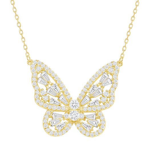 Silver 925 Gold Plated Baguette Cubic Zirconia Butterfly Necklace. DGN1308GP