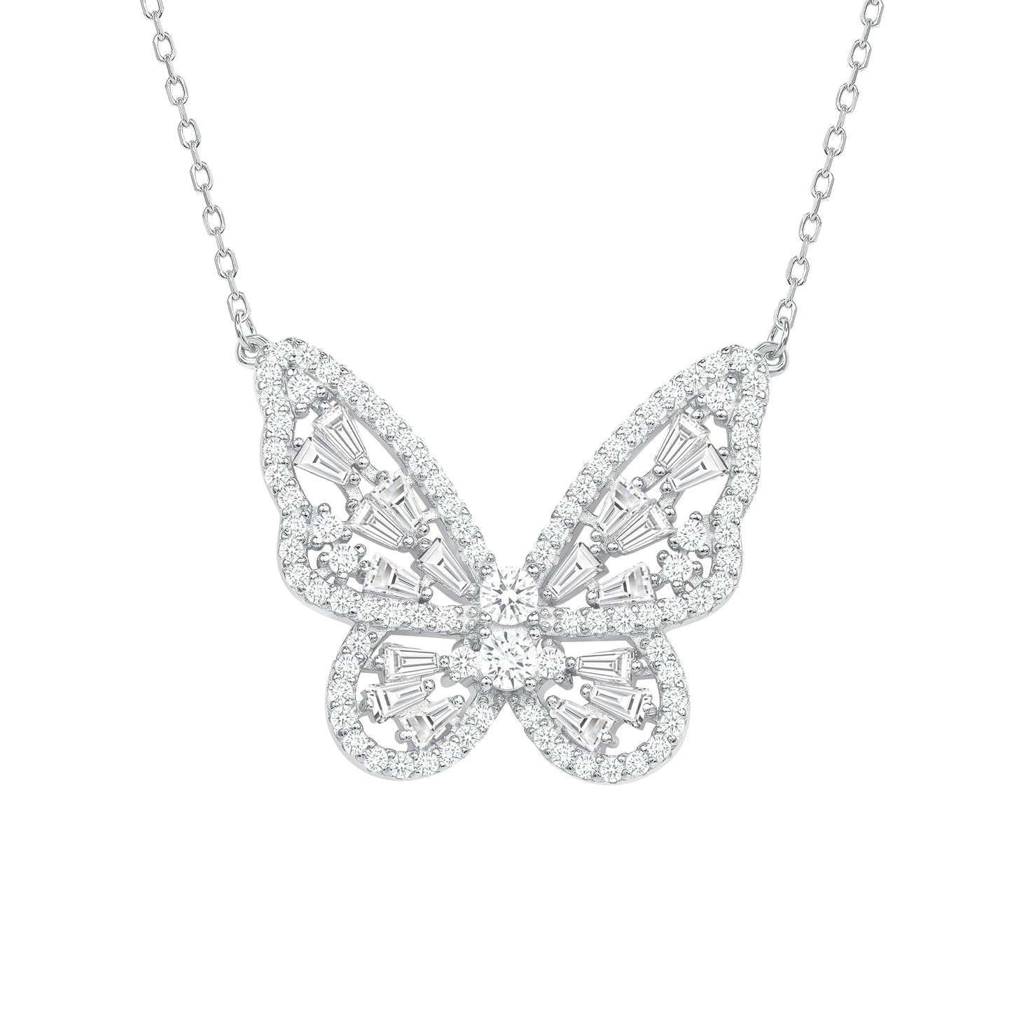 DGN1308RHD. Silver 925 Rhodium Plated Baguette Cubic Zirconia Butterfly Necklace