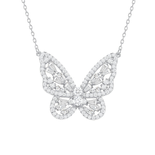 DGN1308RHD. Silver 925 Rhodium Plated Baguette Cubic Zirconia Butterfly Necklace