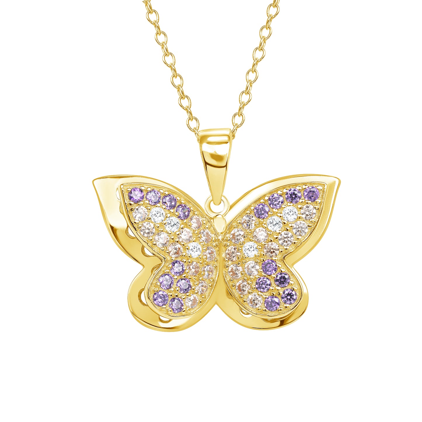 DGP1341GP. Silver 925 Gold Plated Purple Cubic Zirconia Butterfly Necklace