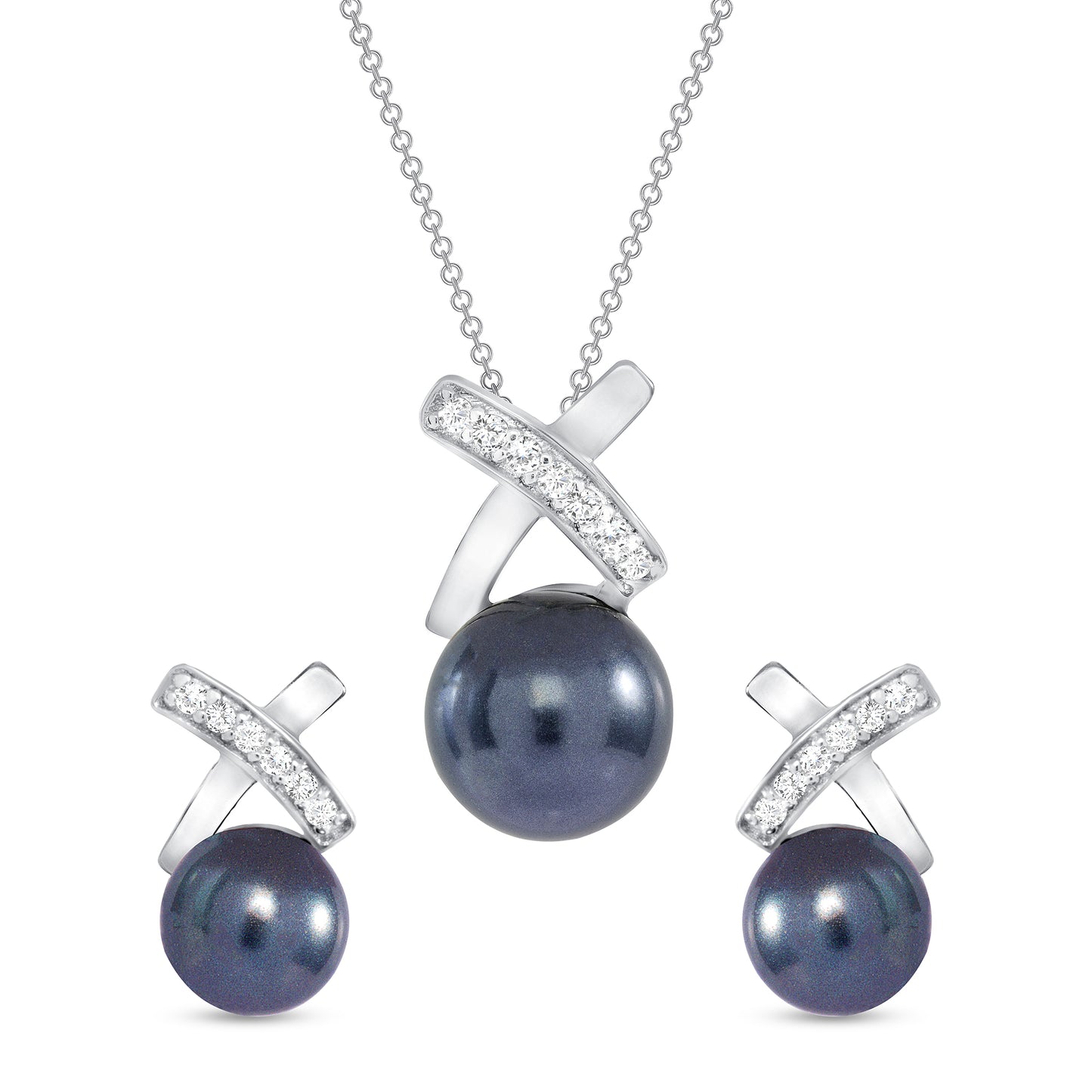 Silver 925 Rhodium Plated Gray Pearl Cubic Zirconia Set. SETDGP1424GRY