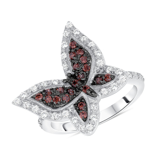 Silver 925 Rhodium Plated Champagne Cubic Zirconia Butterfly Ring. DGR0796