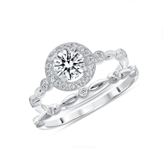 Silver 925 Rhodium Plated Cubic Zirconia Halo Engagement Ring Set. DGR1092