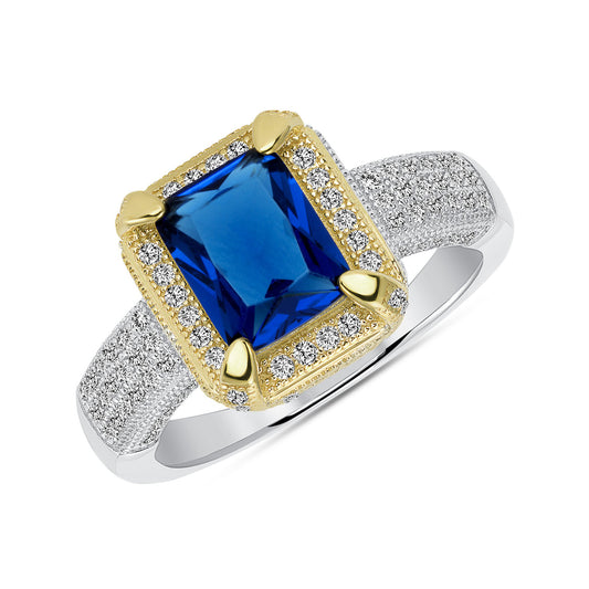 Silver 925 2 Tone Blue Sapphire Matte Glass Ring. DGR1348BLU
