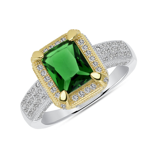Silver 925 2 Tone Green Emerald Matte Glass Ring. DGR1348GRN