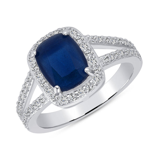 Silver 925 Rhodium Plated Blue Sapphire Matte Glass Ring. DGR1356B
