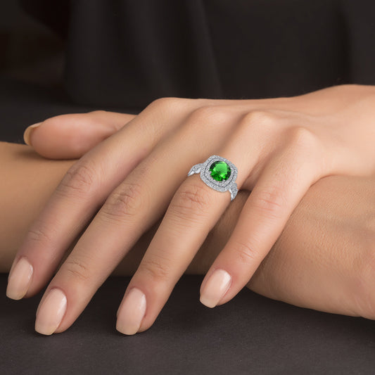 Sterling Silver Fancy Emerald Ring
