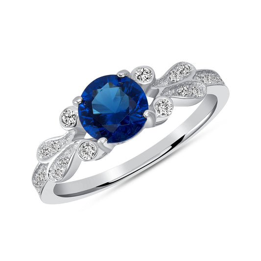 Silver 925 Rhodium Plated Round Blue Sapphire Cubic Zirconia Solitaire Ring. DGR1673BLU