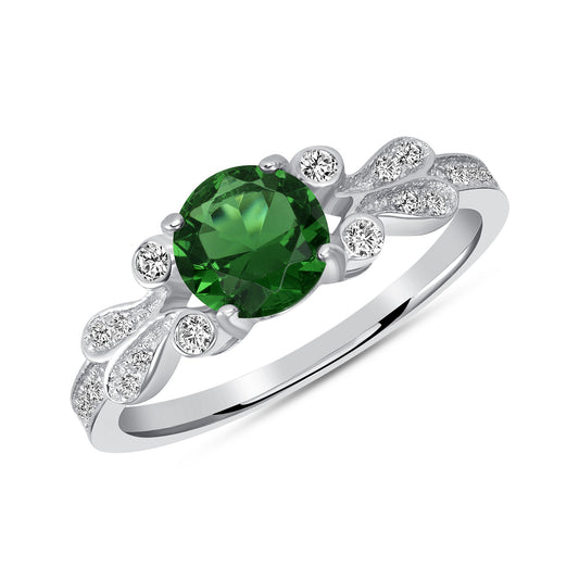 Silver 925 Rhodium Plated Round Green Emerald Cubic Zirconia Solitaire Ring. DGR1673GRN