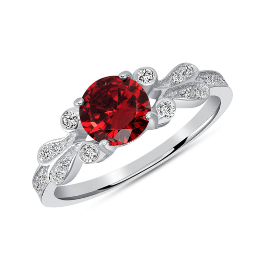 Silver 925 Rhodium Plated Round Red Garnet Cubic Zirconia Solitaire Ring. DGR1673RED