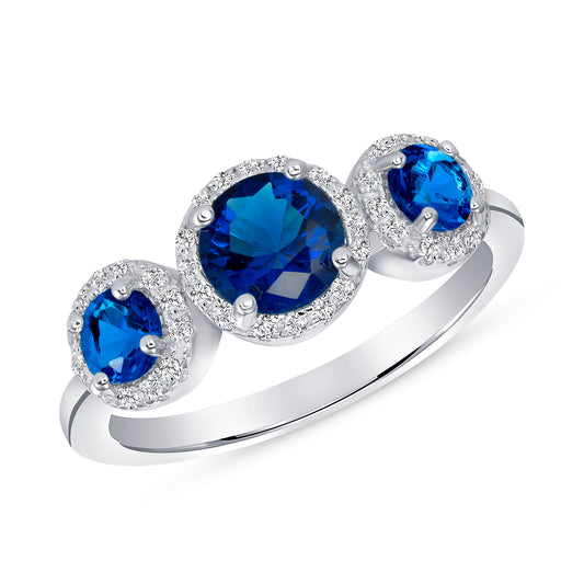 Silver 925 Rhodium Plated 3 Blue Cubic Zirconia Ring. DGR1739BLU